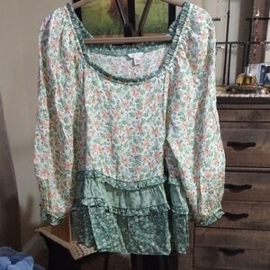 Cato Floral Ruffled Peasant Blouse in Green and Peach